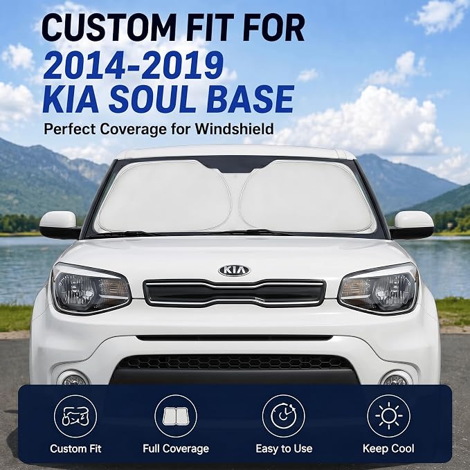 Custom Fit Windshield Sun Shade for Kia Soul Base 2014-2019 | Custom Fit Windshield Cover, Blocks UV Rays, Double-Layer Heat Shield, Durable Frame, Easy Fold & Storage