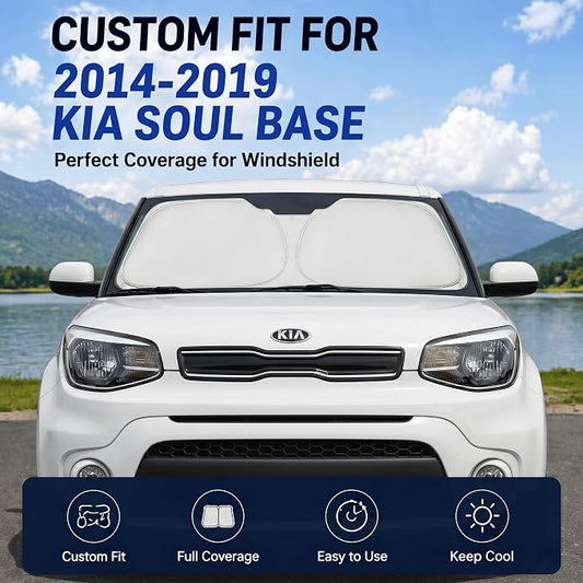Custom Fit Windshield Sun Shade for Kia Soul Base 2014-2019 | Custom Fit Windshield Cover, Blocks UV Rays, Double-Layer Heat Shield, Durable Frame, Easy Fold & Storage