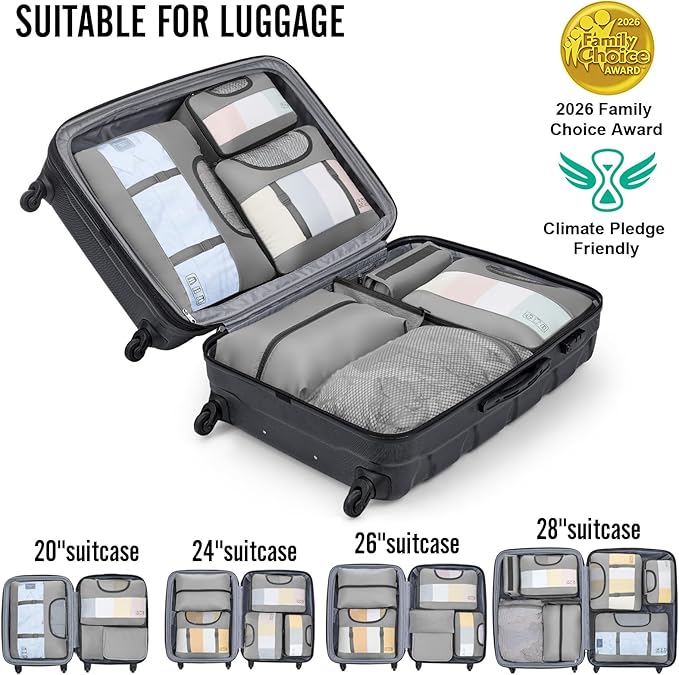 Veken 8 Set Packing Cubes for Travel Essentials, Suitcase Organizer Bags in 4 Sizes, Carry-On Luggage Accessories with Large Laundry & Hanging Toiletry Bag, Must-Have for Airplane, Road Trip & Camping