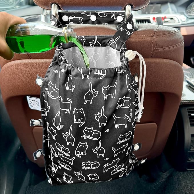 Leak-Proof Waterproof Car Trash Bag Foldable Multipurpose Trash bin Container Storage Cute Grocery Organizer Bag for Automotive Front or Back Seat in Cars SUVs and Trucks (Black Cats)