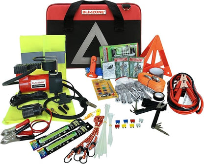 BLIKZONE Red Car Emergency Kit for Vehicles Road Trip, with All the Essentials as Flat Tire Repair, Jumper Cables, Digital Air Compressor, Multitool and All the Car Safety Accessories