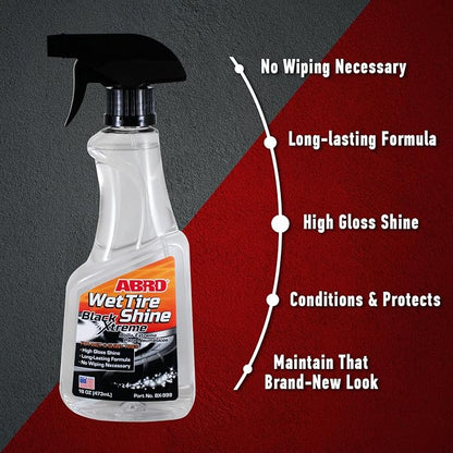 ABRO Black Xtreme Wet Tire Shine, 16 oz., Tire Dressing for Deep Glossy Finish for Protection and Conditioning, Long-Lasting Tire Shine Spray, Fights Cracking and Fading, No Buffing Required