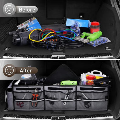 HIRALIY 4 in 1 Car Trunk Storage Organizer with Leakproof Cooler Bag, Multi-Compartment Foldable Trunk Storage Box for Car Truck SUV Gray