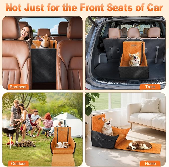 Elevated Dog Car Seat, Dog Booster Car Seats for Small & Medium Breeds Up to 35lbs, Fully Detachable and Washable, Soft Foam Pet Carseat with 2 Storage Pockets & 3 Safety Belts, Black + Brown