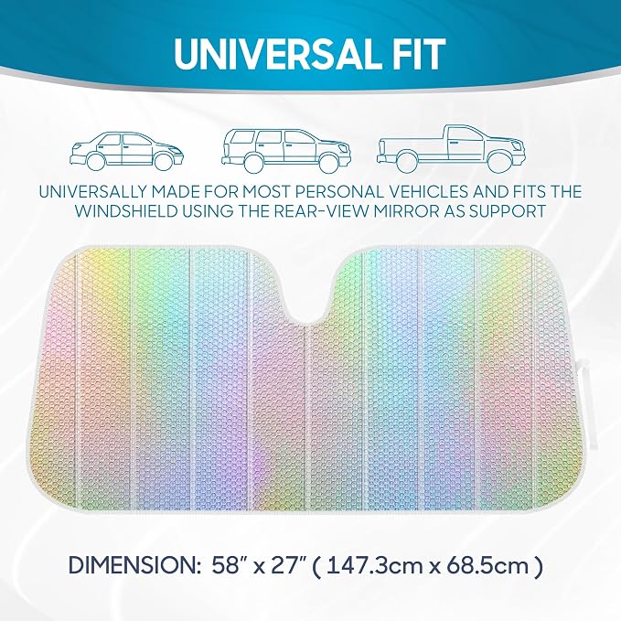 BDK Iridescent Mermaid, Hologram Foil, Chameleon Front Windshield Sun Shade, Double Bubble Accordion Folding Auto Sunshade for Car Truck SUV 58 x 27 Inch
