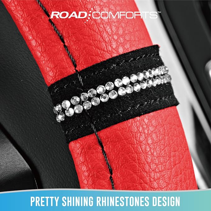 Road Comforts Leopard Steering Wheel Cover for Women, Cute Anti-Slip Microfiber Leather, Universal Fit 14.5-15 Inch Round Steering Wheel - Red