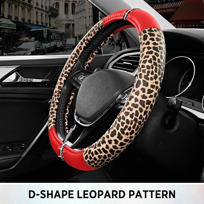 Road Comforts Leopard Steering Wheel Cover for Women, Cute Anti-Slip Microfiber Leather, Fits D Shape Flat Bottom Steering Wheel 14.5-15 Inch - Red
