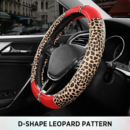 Road Comforts Leopard Steering Wheel Cover for Women, Cute Anti-Slip Microfiber Leather, Fits D Shape Flat Bottom Steering Wheel 14.5-15 Inch - Red