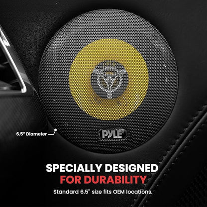 Pyle Car Three Way Speaker System - Pro 6.5 Inch 280 Watt 4 Ohm Mid Tweeter Component Audio Sound Speakers For Car Stereo w/ 40 Oz Magnet, 2.25” Mount Depth Fits Standard OEM - Pyle PLG6.3 (Pair),Yellow/Black