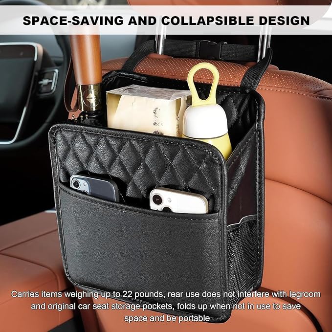 Car Back Seat Organizer, Foldable Leather Backseat Hanging Storage Bag with Adjustable Strap, Multifunction Seat Back Organizer Large Capacity Storage Bag with Mesh Pocket