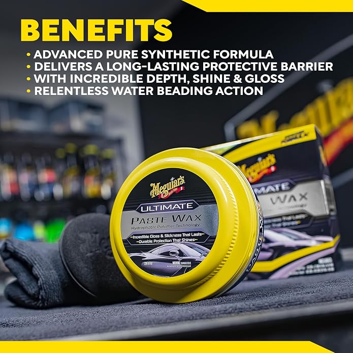 Meguiar's Ultimate Paste Wax, Premium Car Wax for a Deep Gloss with Lasting Protection, Easy to Apply and Remove, Clear Coat Safe, Microfiber Towel and Applicator Included, 8 Oz Paste