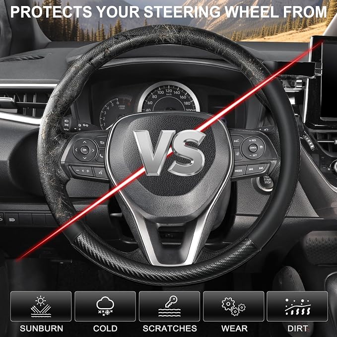 SEG Direct Car Steering Wheel Cover Small Size 14"-14 1/4" Black | For Model 3 Model Y Prius Civic Camaro Rogue, Non-Folding Packaging, Heavy duty, Microfiber Leather Carbon Fiber Pattern