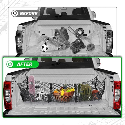 RED WOLF 3 Pocket Truck Bed Cargo Net for Toyota Ford Dodge GMC Chevy Silverado, Universal Pickup Mesh Storage Net 47.2" x 11.8" Stretchable Elastic Truck Bed Grocery Holder Net with 4 Ball Bungees