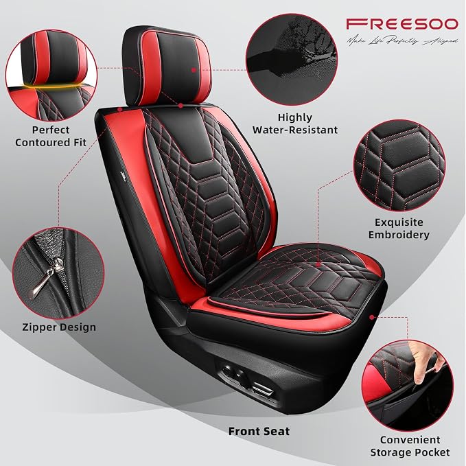 FREESOO Tundra Seat Covers 2026 2025 2024 2023 2022 Full Set, Fit for Toyota Tundra Crewmax Double Cab, Custom Truck Seat Covers with Waterproof Faux Leather BlackRed