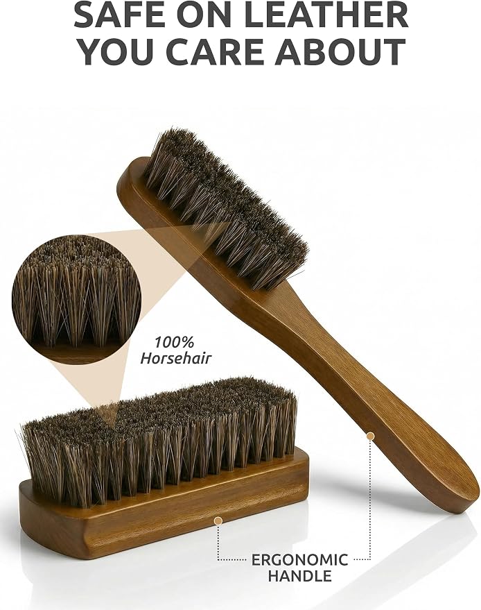 TAKAVU Leather & Upholstery Cleaning Brush Set, 100% Horse Hair Bristle, to Clean Car Seats & Leather Sofas, for Alcantara, Interiors, Furniture, Boots, Shoes, Bags and More