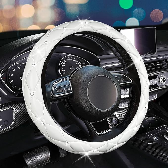 SuperKaKa Steering Wheel Cover, Auto Cute PU Diamond Bling Breathable Soft Comfort Leather Car Interior Accessories Sparkly Fit Most O-Shaped Steering Wheels for Women Men (White)