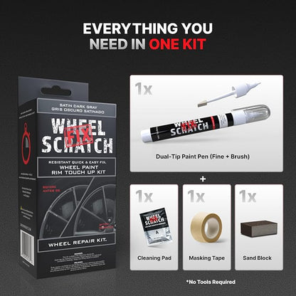 Wheel Scratch Fix® Dark Gray Touch Up Paint for Cars - DIY Alloy Wheel Repair Kit, Curb Rash Remover with Fast-Drying Pen - Long-Lasting OEM Finish Car Rim Paint for Scuffs and Chips at Home (Satin Dark Gray)