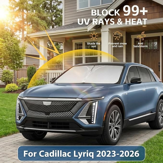 Windshield Sun Shade for Cadillac Lyriq 2023-2025 2026 Front Window Shade Custom Fit Lyriq Accessories Sun Visor Foldable Shade Blocks UV Rays Summer Must Have Car Accessories