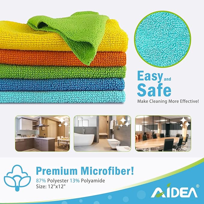 AIDEA Microfiber Cleaning Cloth, 20PK, Soft Absorbent Rags, Microfiber Towels for Cars, Kitchen Towels, Dusting Cloth for Home, Window, Cleaning Supplies, 12"×12"