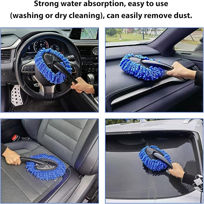 2 PCS Microfiber Car Dusters, Scratch Free Auto Exterior Dust Brust Set with Extendable Duster, Multipurpose Soft Brushes Dusting Supplies for Cars Trucks SUVs Motorcycles (Blue)