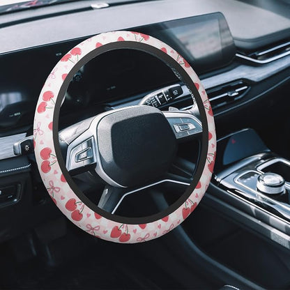 Car Steering Wheel Cover, 14.5"-15" Inch Universal Anti-Slip DurableSteering Wheel Protective Cover, Breathable Auto Interior Decoration Accessories for Sedan SUV Truck (Pink Cherries Bows)