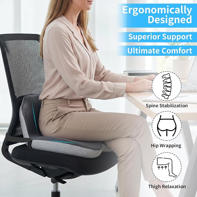 Truck Driver Seat Cushion Memory Foam L-Shaped Ergonomic Cushion for Office Chairs Comfort & Support for Long Sitting Memory Foam U-Shape Tailbone Relief + L-Shape Back Cushion