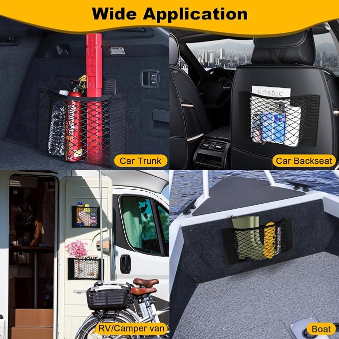PIFOOG 4Pcs Universal Car Storage Net Pockets Stretchable Automotive Mesh Pouch Nets Bag Organizer Stickers Netting for Auto SUV Trunk Back Seat RV Camper