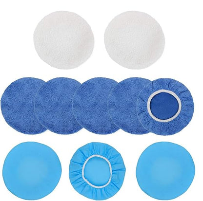10PCS 9-10 inch Polisher Pad Bonnet Orbital Car Buffing Polishing Pad Cover - 5PCS Microfiber, 3PCS Wax Buffer, 2PCS Woolen Fleece Polishing Bonnet