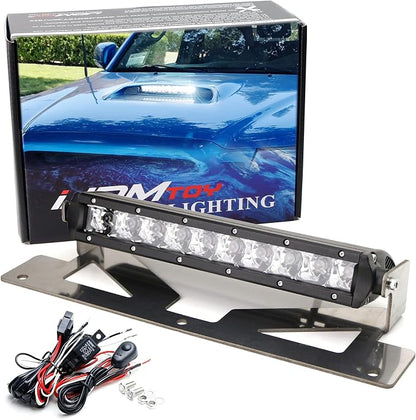 iJDMTOY Hood Scoop Mount LED Light Bar Kit Compatible with 2005-2011 Toyota Tacoma, Incl (1) 50W High Power LED Lightbar, Hood Bulge Stainless Steel Mounting Brackets & Wiring Switch