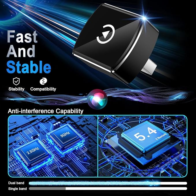 Wireless CarPlay Adapter for iPhone ＆ Android, Convert 2-in-1 Wired to Wireless Adapter for CarPlay & Android Auto, Plug and Play, Fast Stable Connection & No Delay, Universal Smart Screen Converter