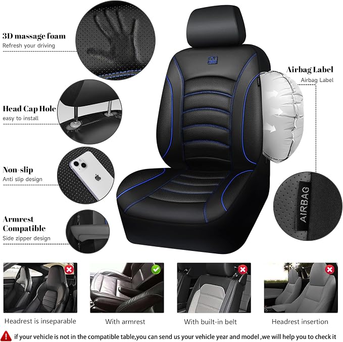 CAR PASS 3D Foam PU Leather Car Seat Covers, Universal Seat Covers Front 2 for Trucks SUV Sedan Automotive Seat Covers Armrest Airbag Compatible Waterproof Comfortable Faux Nappa Leather Black Blue