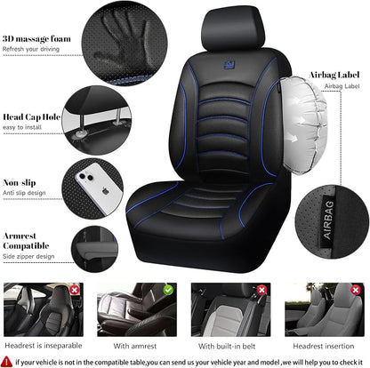 CAR PASS 3D Foam PU Leather Car Seat Covers, Universal Seat Covers Front 2 for Trucks SUV Sedan Automotive Seat Covers Armrest Airbag Compatible Waterproof Comfortable Faux Nappa Leather Black Blue