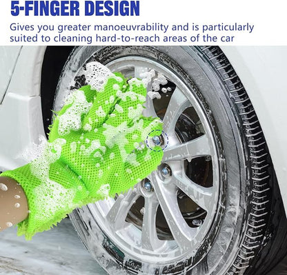 2PCS Car Wash Mitt, 5 Finger Chenille Microfiber Cleaning Mitt for Cars, Scratch-Free Auto Washing Gloves, Car Interior Exterior Cleaning Gloves, Great for Hard-to-Reach Areas (Green)