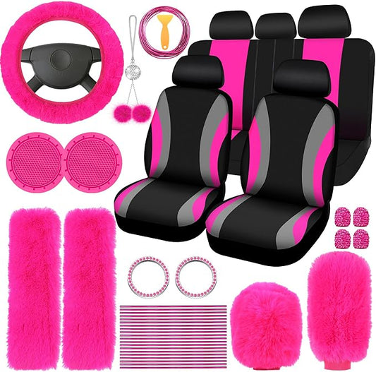 ROCEEI 43 Pcs Car Seat Cover Full Set for Women Christmas Fuzzy Car Accessories Fluffy Steering Wheel Cover Front Rear & Belt Handbrake Shift Accessory for Winter (Rose Red)