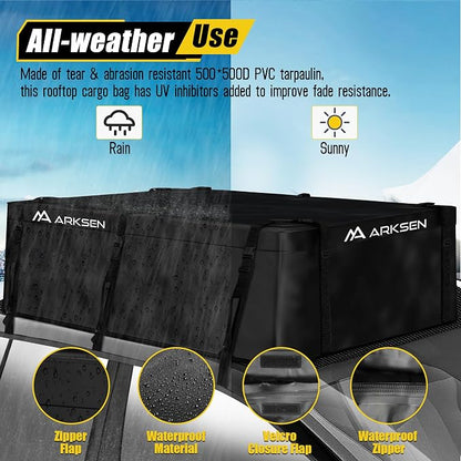 ARKSEN Roof Top Luggage Storage Bag for 64" x 39" Roof Baskets Waterproof 21.5 Cubic Feet (62.2" L x 33.07" W x 18.11" H) with 10 Straps Anti-Slip Mat 6 Door Hooks for All Vehicles with/Without Rack