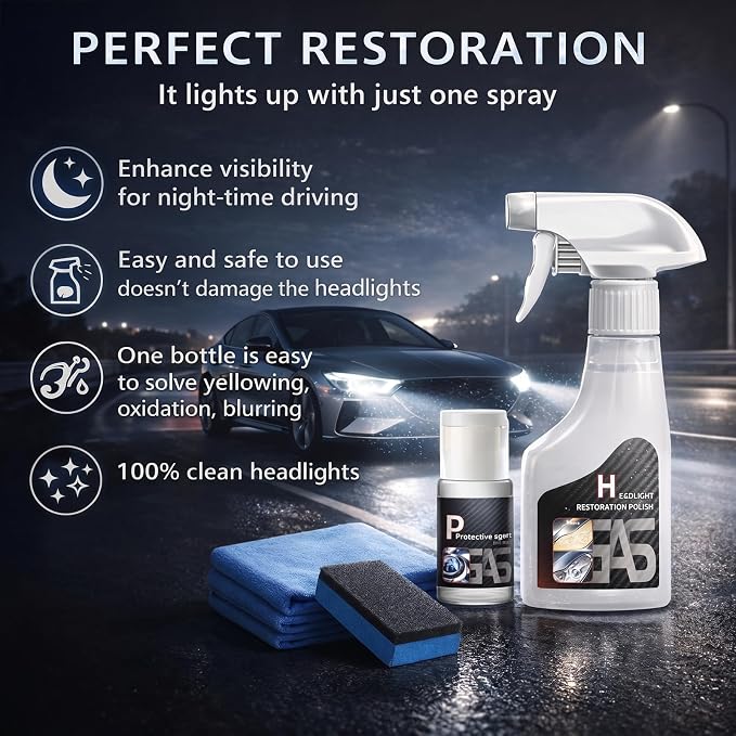 Headlight Restoration Kit Professional Ceramic Coating Headlight Cleaner for Used Car Renovation & Enhance Night Driving Safety for Families & DIY Beginners No Sanding UV Shield Lens Restorer