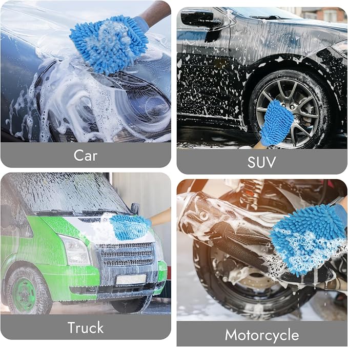 3 Pack Chenille Microfiber Car Wash Mitt, 7" x 9.6" Car Washing Mitts, Home Dusting Gloves, Scratch Free Lint-Free, Highly Absorbent, Double Sided, for Cleaning Detailing Polish (Blue)