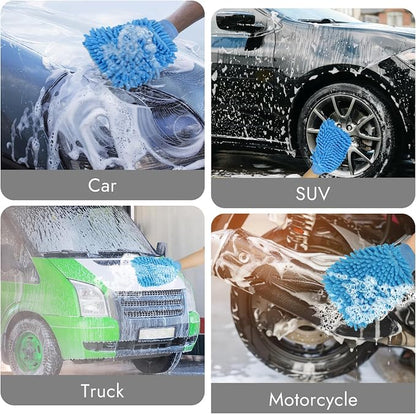 3 Pack Chenille Microfiber Car Wash Mitt, 7" x 9.6" Car Washing Mitts, Home Dusting Gloves, Scratch Free Lint-Free, Highly Absorbent, Double Sided, for Cleaning Detailing Polish (Blue)