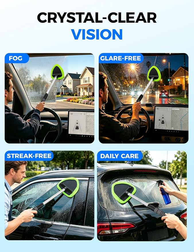XINDELL Windshield Cleaner Tool – Car Interior Window Cleaning Kit with Extendable Handle & 4 Microfiber Pads, Auto Wiper Inside Windshield Brush for Car & Home Windows