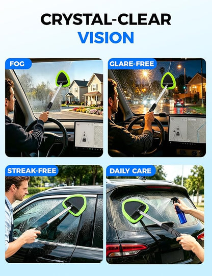 XINDELL Windshield Cleaner Tool – Car Interior Window Cleaning Kit with Extendable Handle & 4 Microfiber Pads, Auto Wiper Inside Windshield Brush for Car & Home Windows