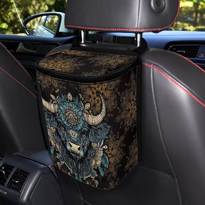 Talayituse Highland Cattle Flower Print Car Trash Bin, Large Size Auto Trash Can Adjustable Portable Garbage Can with Lid, Vehicle Hanging Bag for Headrest Front Back Seat