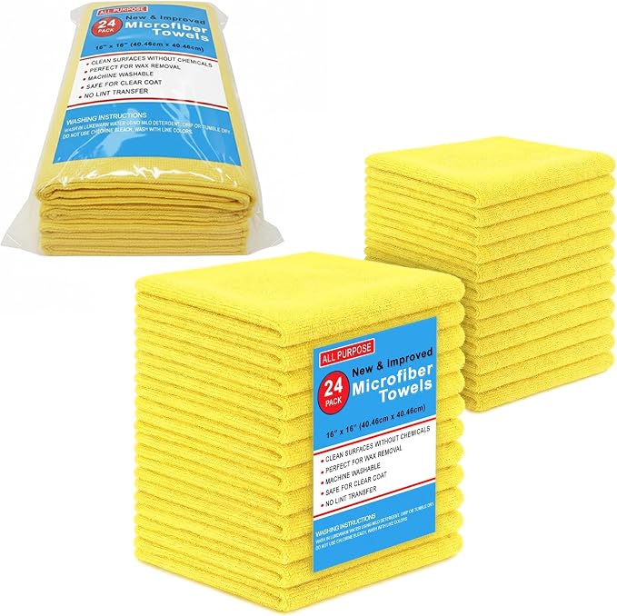 Blue Horizon Microfiber Cleaning Towels, Pack of 24, Ultra Soft Plush Washcloth, All Purpose Premium Microfiber Detailing Cleaning Cloths Reusable Shop Towels (16" x 16", Yellow)