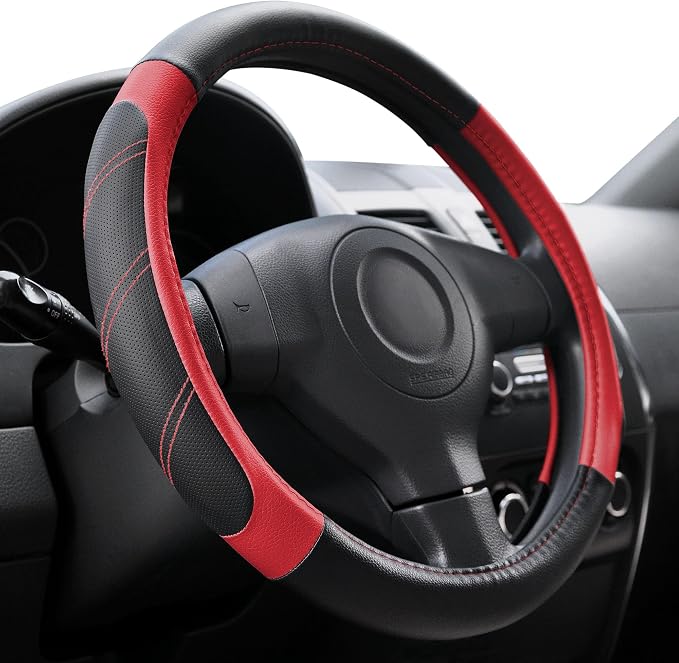 Elantrip Leather Steering Wheel Cover 14 1/2 to 15 inch Universal Padded Soft Grip Breathable for Car Truck SUV Jeep Anti Slip Black and Red