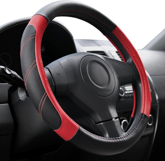Elantrip Leather Steering Wheel Cover 14 1/2 to 15 inch Universal Padded Soft Grip Breathable for Car Truck SUV Jeep Anti Slip Black and Red
