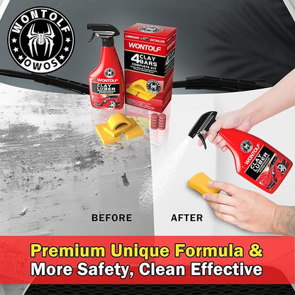 Heavy Duty Car Clay Bars Auto Detailing Clay Luber Synthetic Lubricant Kit, 4 Clay Bars, Clay Bar Lubricant Tablets 10 Pack, Spray Bottle and Microfiber Towel for Car Detailing Cleaning