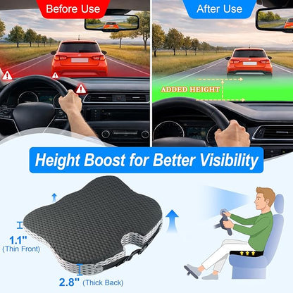 Car Seat Cushion for Driving: Memory Foam Cushion for Pain Relief During Long Drives, Wedge Car Seat Pillow for Height Boost, Non-Slip Driver Butt Pillow for Cars, SUVs, Trucks - Black