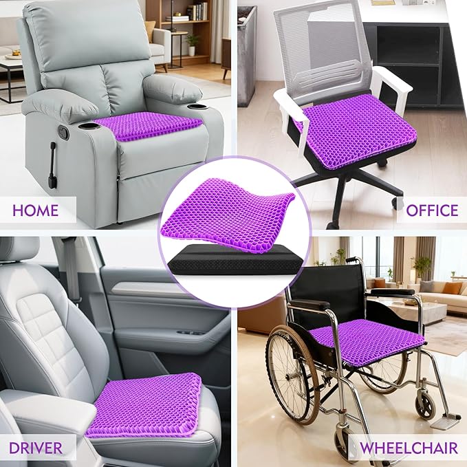 Plus Size Gel Cushion for Long Sitting, Breathable Honeycomb Pressure Relief Pad for Office Chair, Car & Wheelchair (Plus Size - Light purple-01)