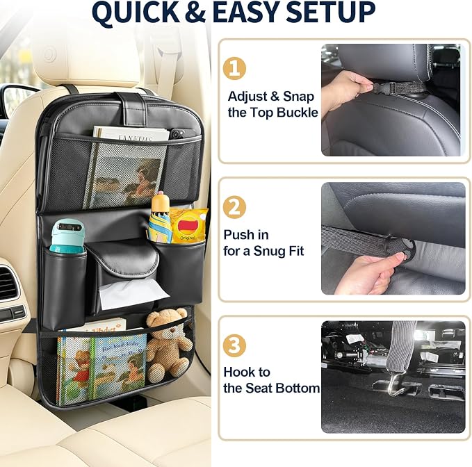 2 Pack Backseat Car Organizer with Foldable Tray Table, PU Leather Seat Back Organizer with Tablet Holder, Large Storage Pockets, Waterproof Kick Mat & Seat Back Protector for Cars, SUVs & Minivans