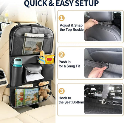 2 Pack Backseat Car Organizer with Foldable Tray Table, PU Leather Seat Back Organizer with Tablet Holder, Large Storage Pockets, Waterproof Kick Mat & Seat Back Protector for Cars, SUVs & Minivans