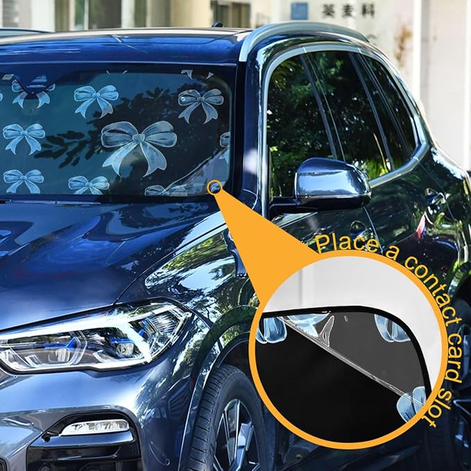 Windshield Sun Shade Blue Bows Front Window Block UV Shades Visor Reflective Retractable for Car SUV Trucks